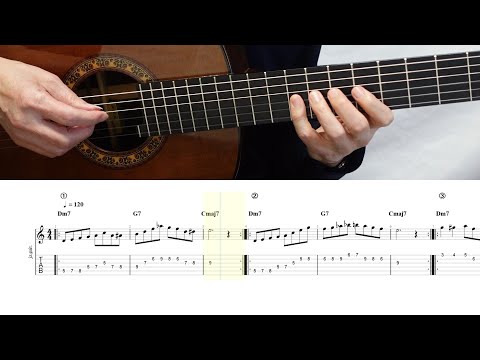 《 Guitar Exercise 307 》 Jazz Licks　Dm7 - G7 - Cmaj7　[Sheet / TAB ⇒ 概要欄 description]　120 BPM
