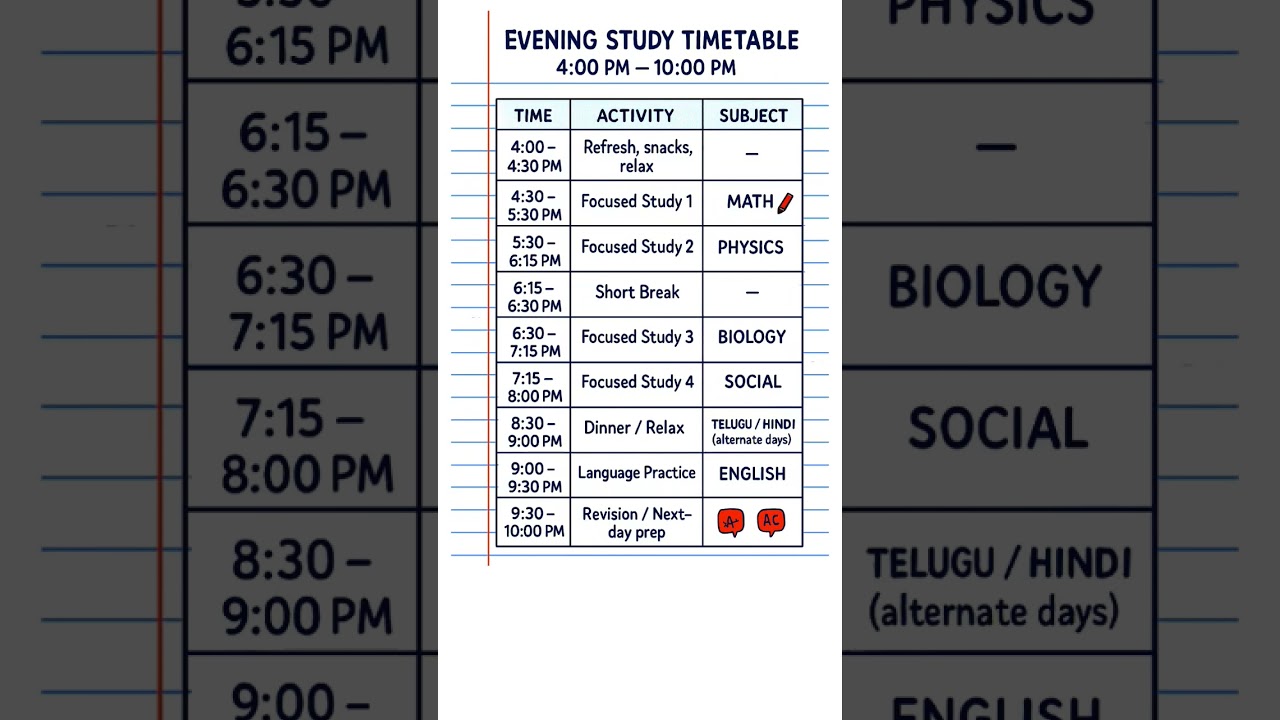 Perfect Evening Study Timetable for Class 9 & 10 Students | 4 PM to 10 PM Routine 📚✨