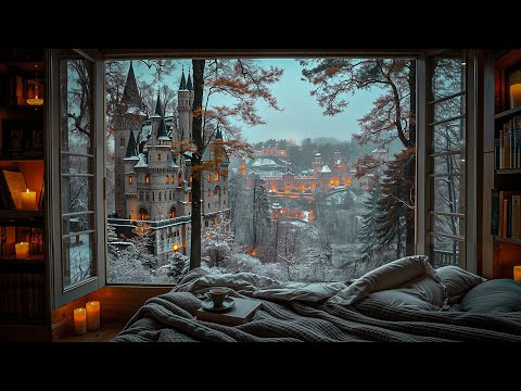 Winter Castle View from a Cozy Bed Nook ❄️ Dark Classical Cello | Dark Academia Ambience for Reading