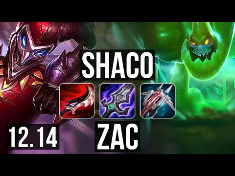 SHACO vs ZAC (JNG) | 14/0/2, Legendary, Rank 8 Shaco, 1.1M mastery, 500+ games | KR Master | 12.14