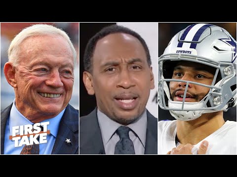 斯蒂芬-A.迴應傑裡-瓊斯對達克-普雷斯科特高薪的 "反手 "評論 - First Take (Stephen A. reacts to Jerry Jones’ 'backhanded' comments on Dak Prescott being overpaid | First Take)