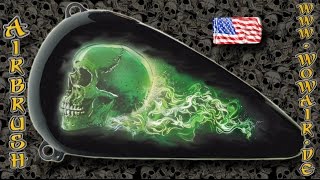 Airbrush by Wow No.631 &quot; Skull &amp; new green flames &quot; with english commentary