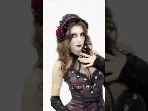Black Gothic Rose Bonnet with Lace Frills and Rivets
