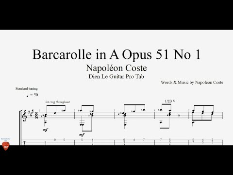 Napoléon Coste - Barcarolle in A Opus 51 No 1 - Guitar Tutorial + TAB