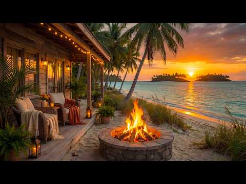 Perfect Tropical Ocean Porch at Sunset 🌴🔥 Calm Wave Sounds & Campfire Ambience for Deep Sleep