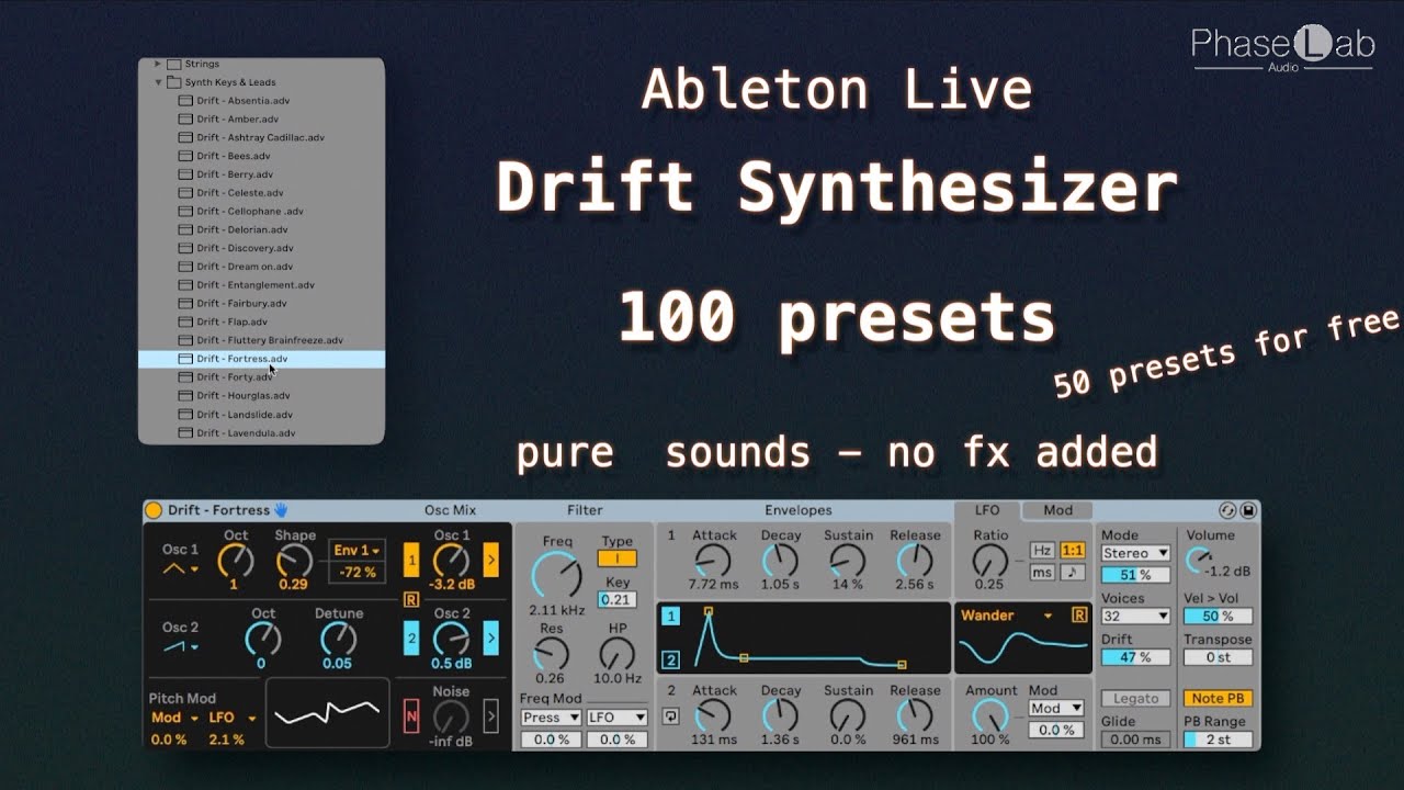Ableton Live - Drift Synthesizer - 100 Presets by PhaseLab Audio
