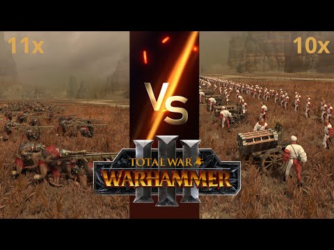 Can 11 Warplock Jezzails Beat 10 Hellstorm Rocket Batteries in Total War: Warhammer 3?