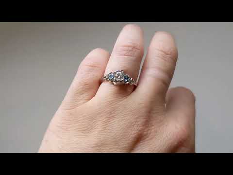 Three Stone Lab Created Diamond and Aquamarine Ring | Solid Gold Engagement Ring | Past Present Ring
