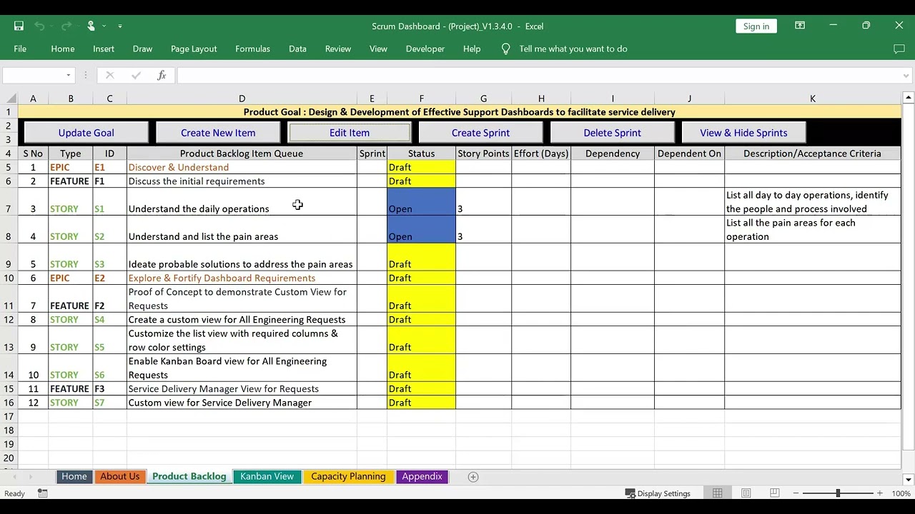 Excel Scrum Dashboard - Backlog Refinement