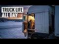 POV European Truck Driver Winter Day Driving Loading Cooking