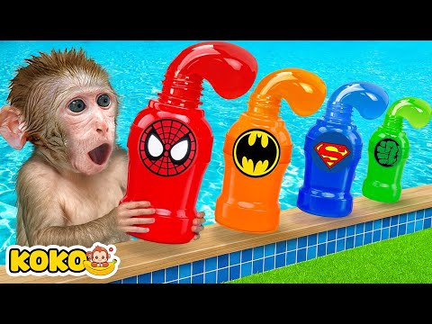 Monkey Koko Make Rainbow Jelly Bottle And Go Swim With Cute Ducklings | KUDO KOKO CHANNEL