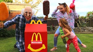 Greedy Grandpa takes McDonalds! Kids Pretend Play Food Toys Ice Cream