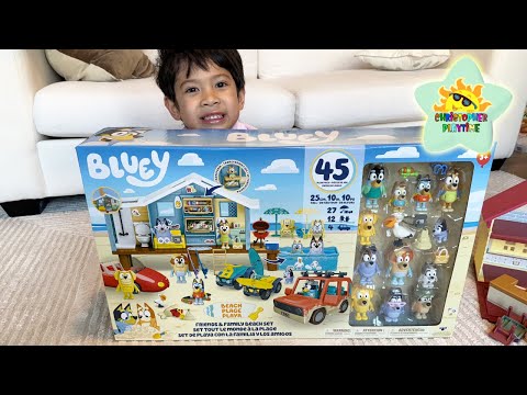 Christopher plays with huge Bluey Friends and Family Beach Playset Toy | Bingo, Bandit & More