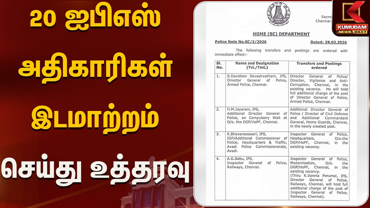 20 ஐபிஎஸ் அதிகாரிகள் இடமாற்றம் செய்து உத்தரவு | Kumudam News