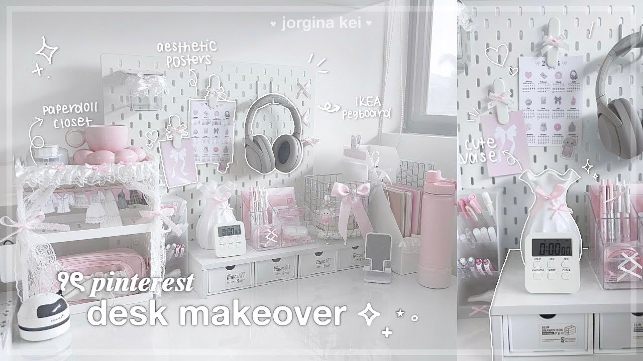 aesthetic desk makeover 🎀🐇| pinterest inspired, IKEA pegboard setup, coquette aesthetic | jorginakei