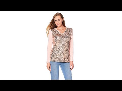Joan Boyce LongSleeve Feather Design Sequin Top