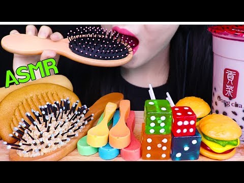 ASMR EDIBLE HAIR BRUSH, SPOON, BUBBLE TEA, GUMMY 먹는 빗, 숟가락, 햄버거 젤리, 주사위 사탕, 버블티 먹방 (EATING SOUNDS) Video
