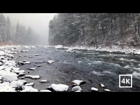 4K Winter Snowstorm | Rocky Mountains | Winter Nature Ambience | Snowy River Nature Sounds for Sleep