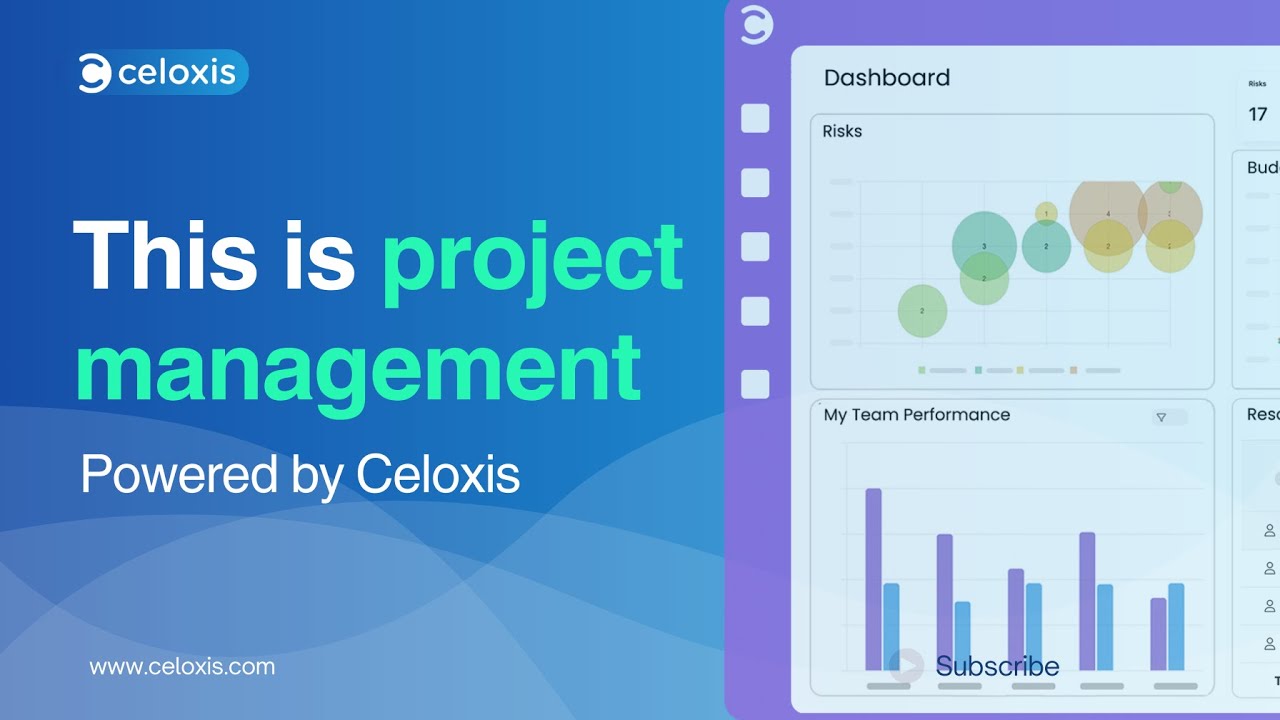 Celoxis project management software video showing dashboards, portfolio management, resource planning, and project execution for engineering teams