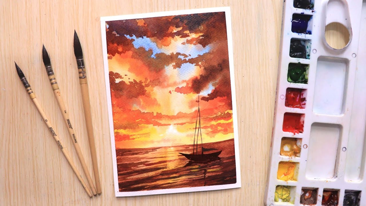 Watercolor painting a beautiful sunset tutorial