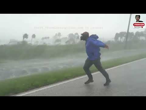Strong wind blows over houses, trees fall, even people can't stand. Placida, Florida  Hurricane Ian