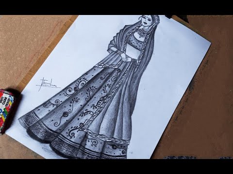 Indian bridal dress sketch | step by step sketch tutorial