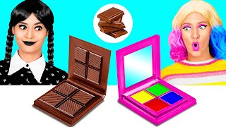 Real Food vs Chocolate Food Challenge with Wednesday Addams by HAHANOM 