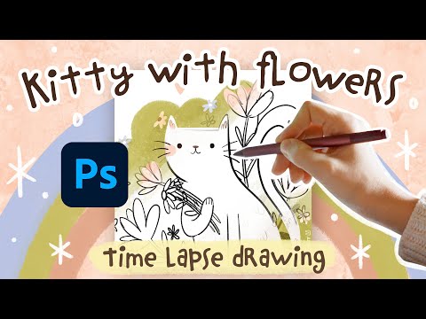 My Digital Art Time Lapse Process - Drawing A Kitty Collecting Flowers!