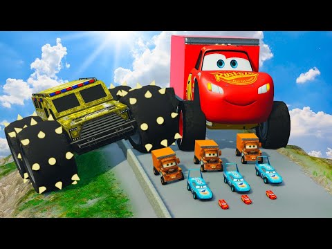Epic Battle Big & Small Lightning McQueen vs Small Pixar Cars with Big Wheels in BeamNG Drive!