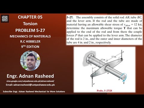 5-27 Determine maximum allowable torque T applied to end of rod | Mechanics of materials RC Hibbeler