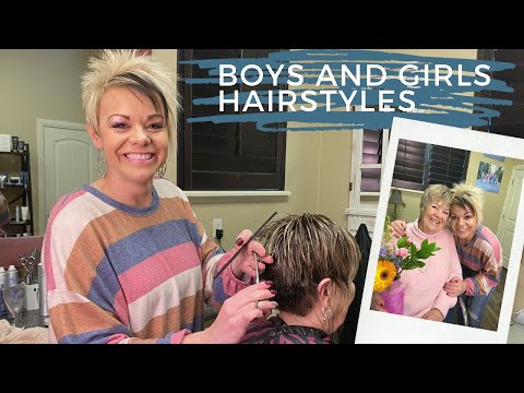 Woman styling a short pixie haircut in a salon, showcasing modern techniques for older women, with a focus on lift and texture, branded with Boys and Girls Hairstyles.