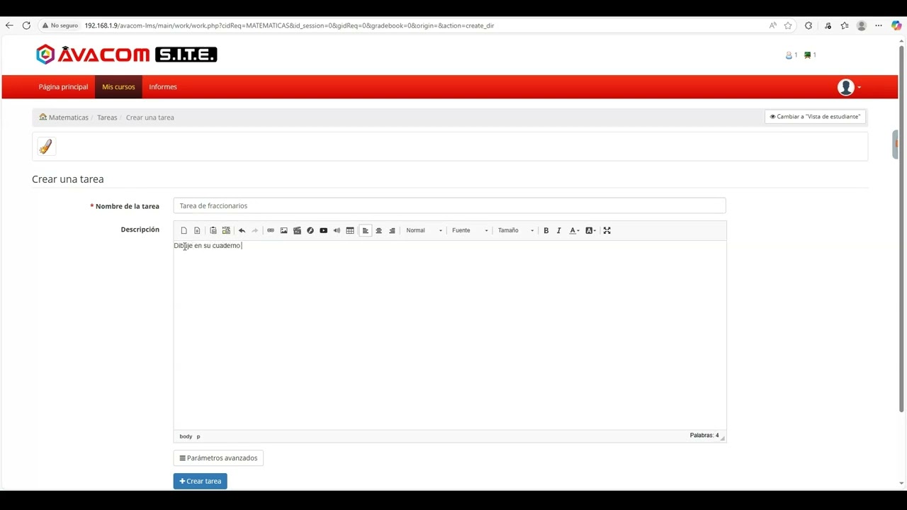 4.2. Crear una tarea dentro de un curso en la plataforma AVACOM SITE - Quindío