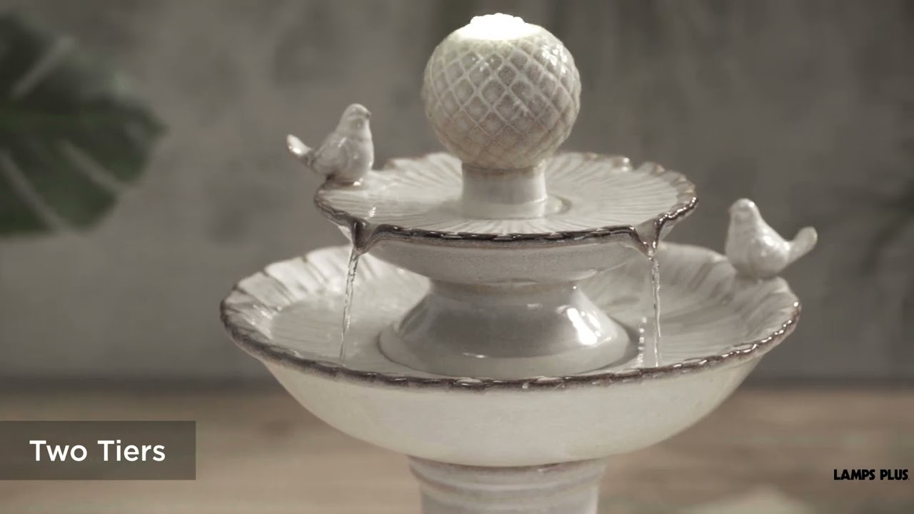 Video 1 Watch A Video About the Bathing Bird Cream Ceramic 2 Tier LED Floor Fountain