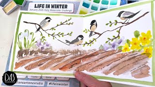 Easy Watercolor Landscape with Chickadees and a Touch of Spring — for beginners and for fun!