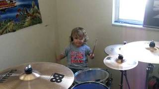 Rhythm Hurston playing DW PDP Drums-2 year old drum beat-green day holiday-surfs up-little kid drums
