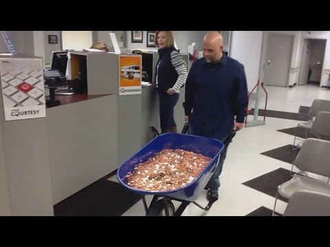 Man Pays Nearly $3,000 Bill Using A Wheelbarrow Full Of Pennies