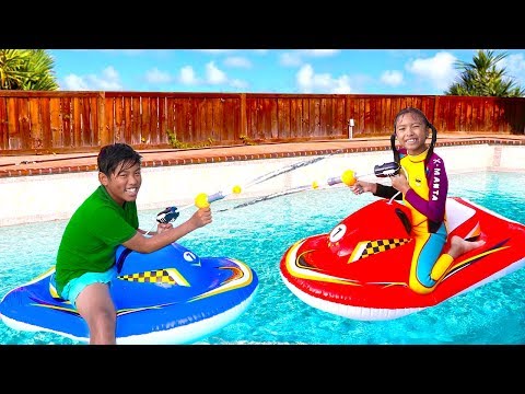 Wendy & Michael Playing with Inflatable Boat Swimming Pool Toy for Children