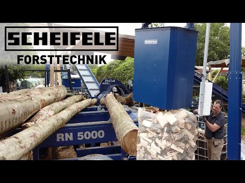 SCHEIFELE Trommelwickler mit RCA 480 Säge-Spalt-Automat und RN 5000 Förderer