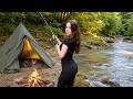35 Hours Solo Girl Camping By The River Rain Fishing Campfire ASMR