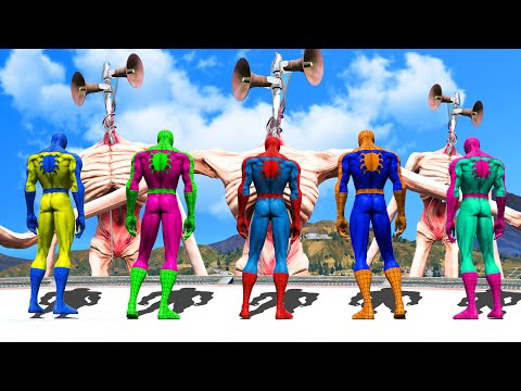 Team Spider Man Muscle & Blue Spiderman & Yellow Spider Man VS Giant Siren Head - Monster Universe