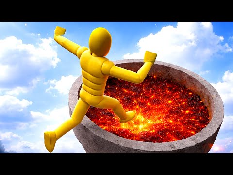 Huge Ramp Drop Into Lava Volcano Ragdolls Physics Experiment