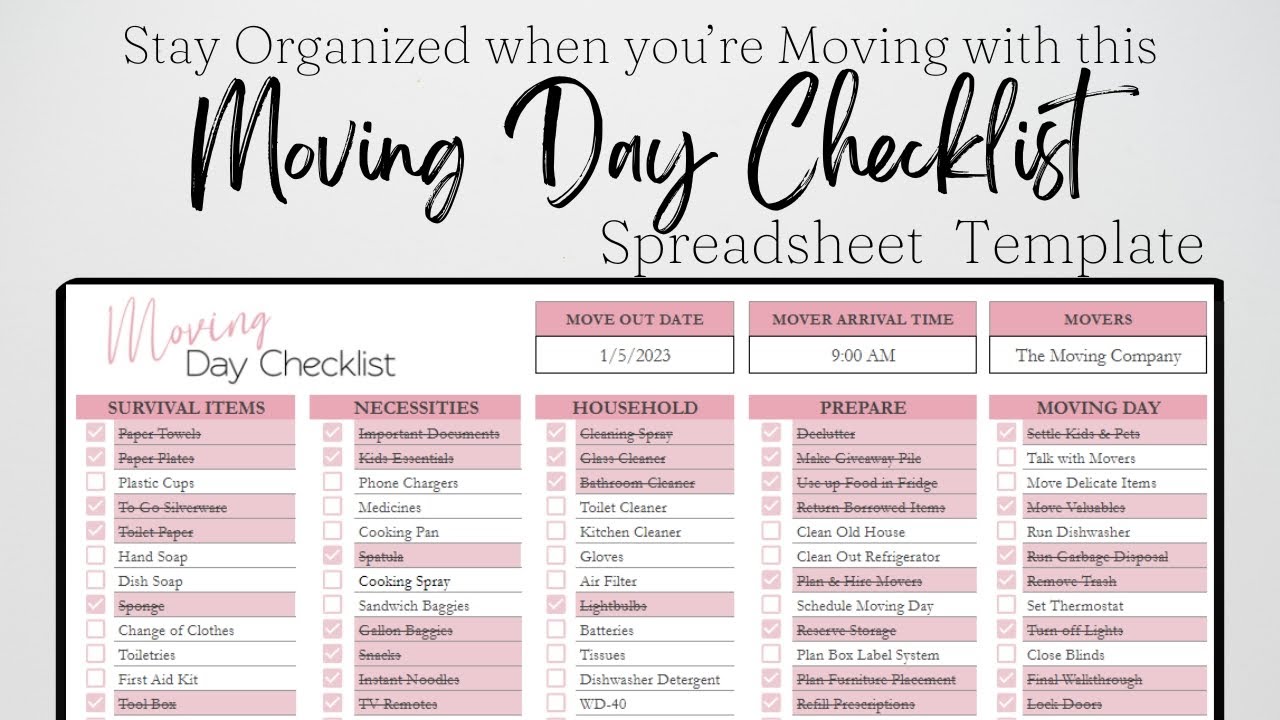 Moving Day Checklist, Moving Day Survival Kit Excel Template Google Sheets, Packing and Moving