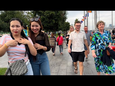 Cambodia Tour 2024 - Walking Tour - 4K- Visit Phnom Penh City @ Riverside
