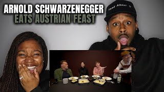 🇦🇹 Americans React "JOLLY: Arnold Schwarzenegger fed us an Austrian Feast! ft. Carrie-Anne Moss"
