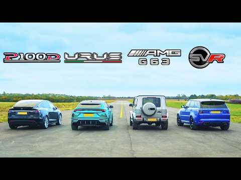 Lamborghini Urus v Tesla Model X v Mercedes-AMG G63 v Range Rover Sport SVR - DRAG & ROLLING RACE