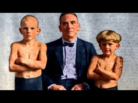 Farmer Burns with 5 year old Clara Mortensen and her brother Leo Milo in 1922." wrestling 