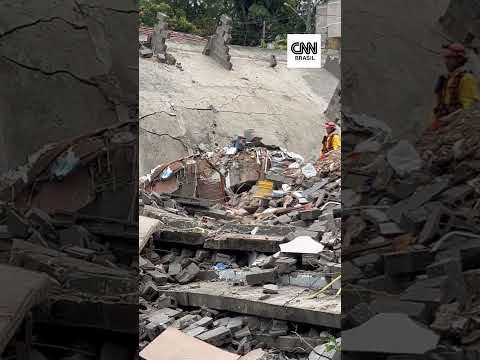 Cão dos bombeiros mostra local em que vítima estava soterrada, após desabamento de prédio em SP