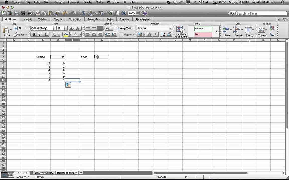 Denary to Binary Conversion Spreadsheet