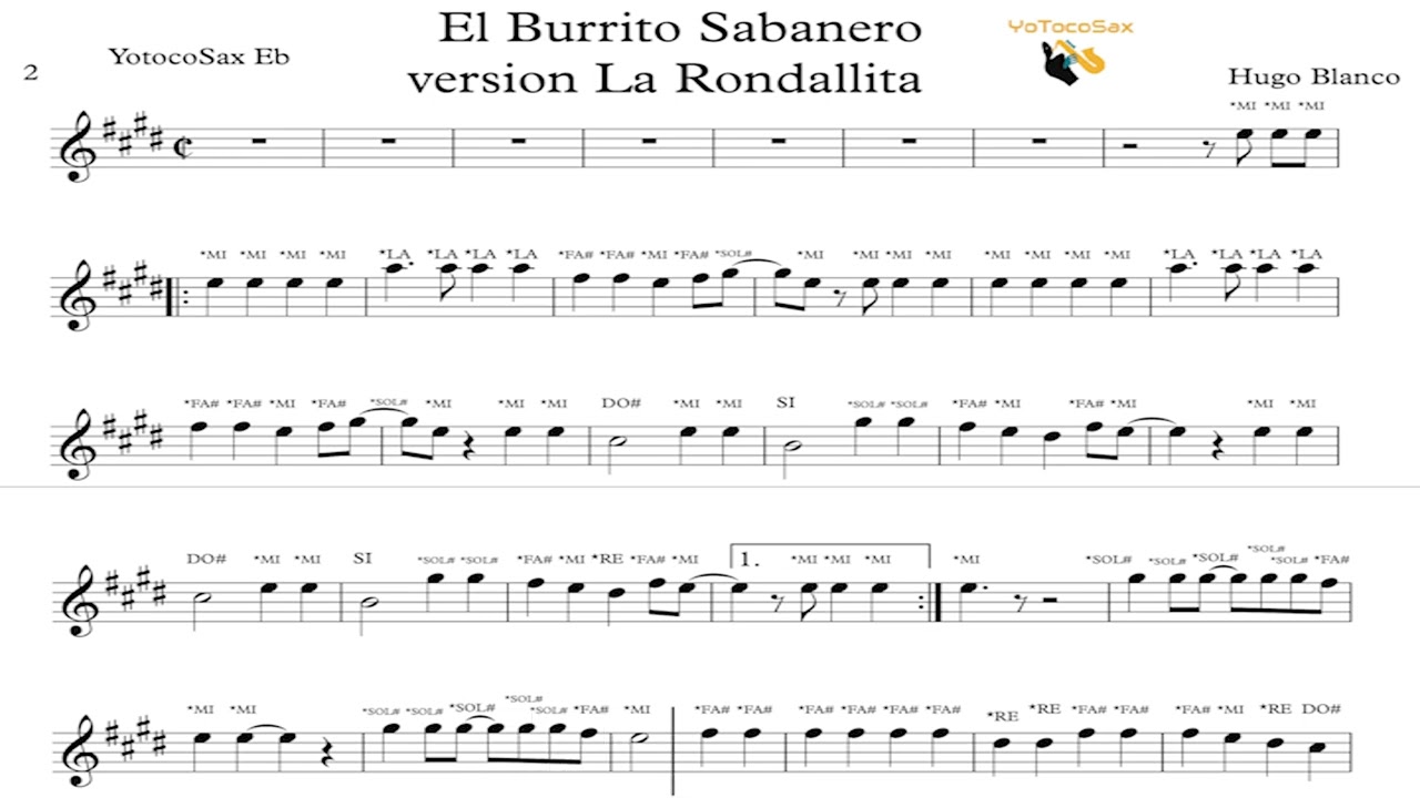 BURRITO SABANERO Partitura con Notas para SAXO ALTO
