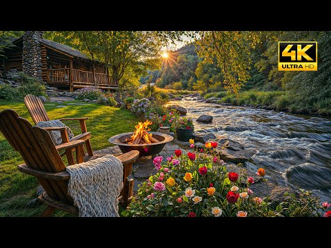 Spring Riverside Relaxation in Forest: Cozy Crackling Fire Pit with Soothing Nature Sounds, Birdsong